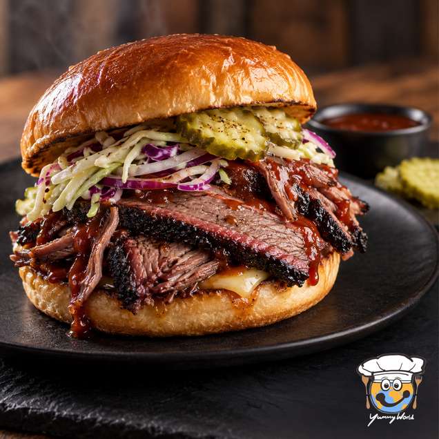 Beef brisket burger with thick slices of dark-crusted beef, slaw, red onion and pickles in a glossy bun.