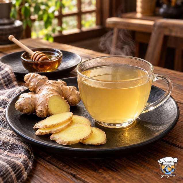 A steaming glass cup of golden ginger tea beside sliced ginger root and a small bowl of honey.