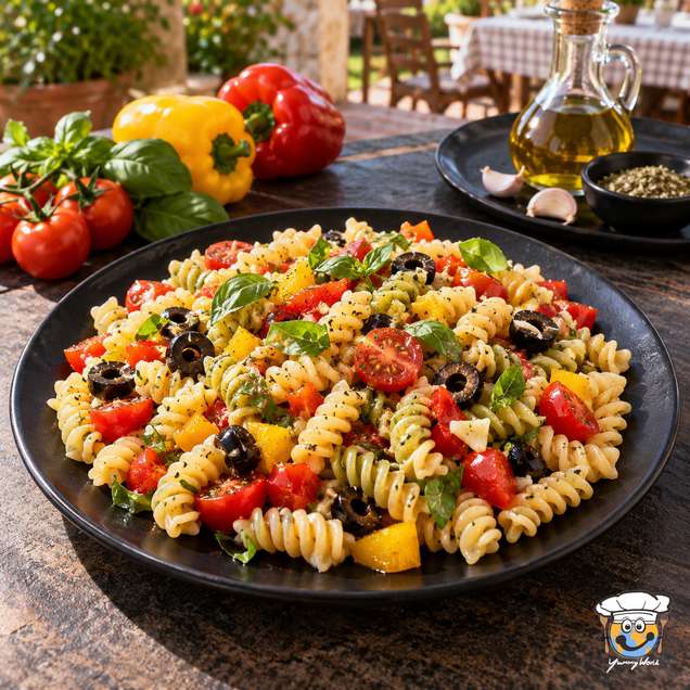 Italienischer Nudelsalat mit Fusilli, Kirschtomaten, Paprika, Oliven und Basilikum auf einem schwarzen Teller.