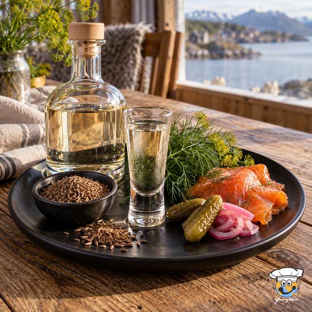 Aquavit im kleinen Stielglas neben einer Flasche, Lachs, Gewürzgurken und Dill auf einem schwarzen Tablett.
