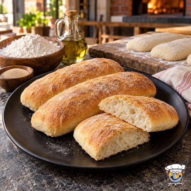 Golden panini bread rolls on a black plate, with one cut open to reveal its airy crumb.