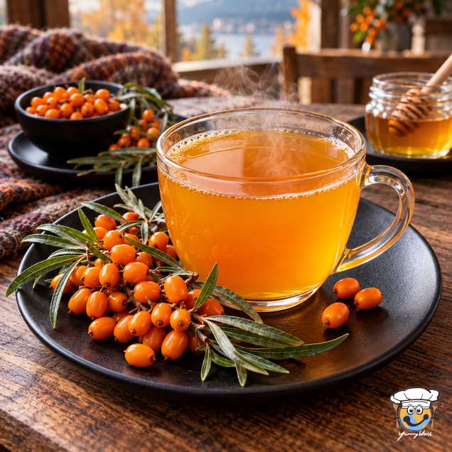 Orangefarbener Sanddorntee in einer Glastasse neben frischen Zweigen mit Beeren und Honig.