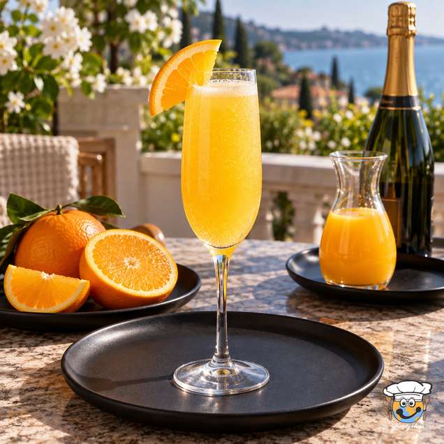 Mimosa cocktail in a champagne flute with an orange wedge, beside fresh oranges and sparkling wine.
