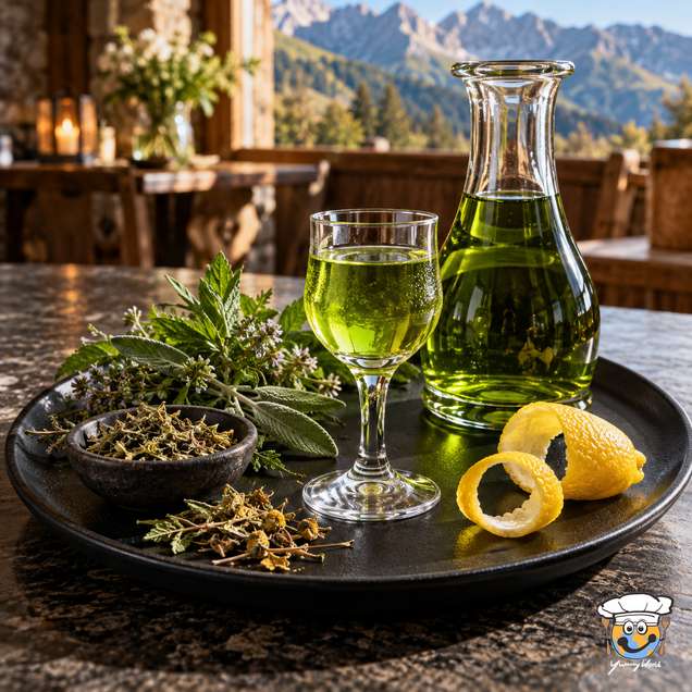 Grüne Chartreuse im Stielglas neben einer Karaffe, frischen Kräutern und einer gedrehten Zitronenzeste.