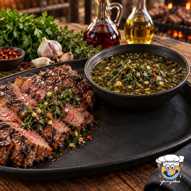 Grüne Chimichurri-Sauce mit gehackten Kräutern und roter Paprika in einer Schale neben aufgeschnittenem Steak.