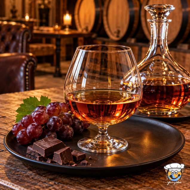 Bernsteinfarbener Cognac im bauchigen Stielglas neben einer Karaffe, Trauben und Schokoladenstücken.