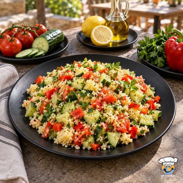 Couscous salad with cucumber, tomato, red pepper and chopped herbs on a black plate.