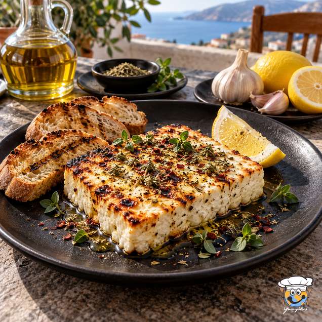 Gegrillter Feta mit gebräunter Oberfläche und Kräutern, dazu geröstetes Brot und Zitrone.