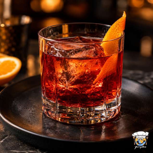 Ruby-red Negroni cocktail with a large ice cube and a twist of orange peel in a short glass.