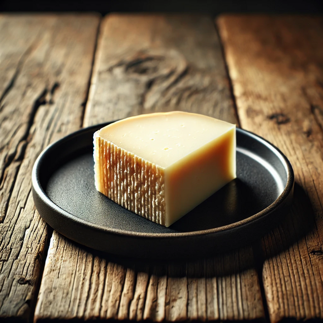 Italian Pecorino cheese wheel and wedge with knife, aged sheep's milk cheese with crystalline texture and nutty flavor