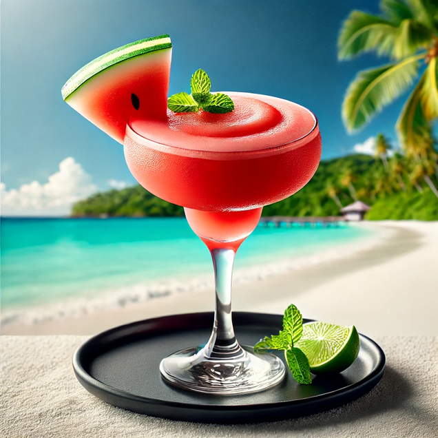 Watermelon Daiquiri with fresh blended fruit, white rum, lime and ice in margarita glass, pink summer cocktail with fruit garnish