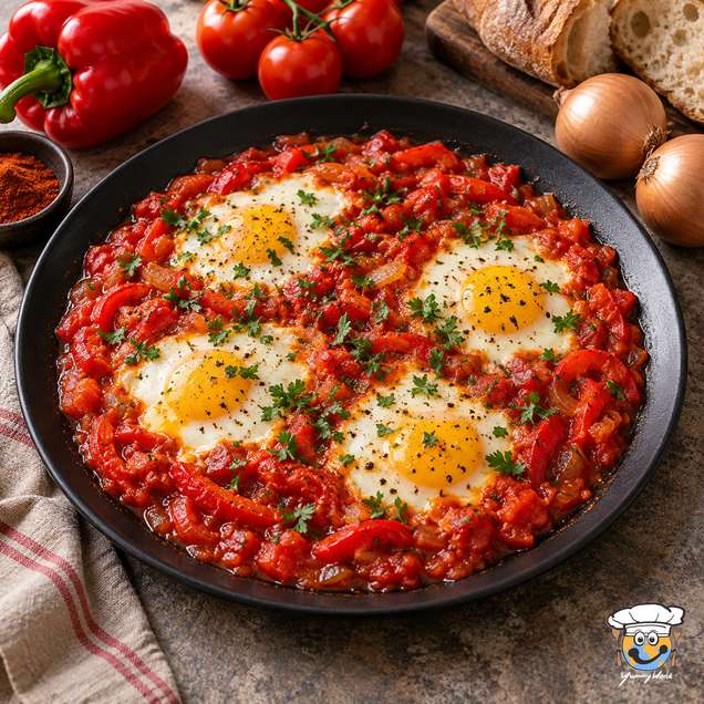 Shakshuka with four eggs nestled in a chunky red tomato sauce, sprinkled with green herbs.