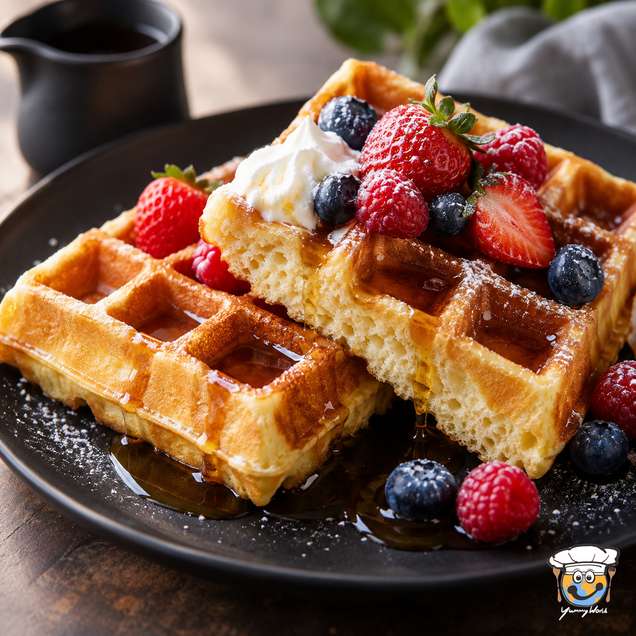 Thick Belgian waffles with deep golden pockets, topped with cream, strawberries and mixed berries.