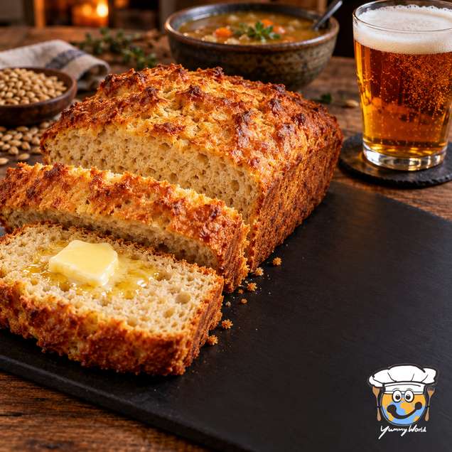 A loaf of beer bread with a golden crust, sliced and served with butter beside a glass of beer.
