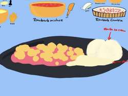 Warm rhubarb crumble dessert with tart pink fruit base and sweet buttery streusel topping, served with vanilla sauce or ice cream