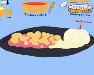 Warm rhubarb crumble dessert with tart pink fruit base and sweet buttery streusel topping, served with vanilla sauce or ice cream