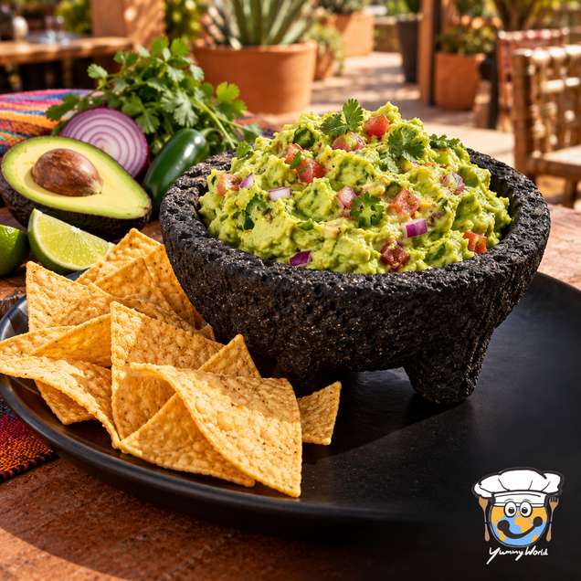 Stückige Guacamole mit Tomate, Zwiebel und Kräutern in einer dunklen Steinschale, dazu Tortillachips.