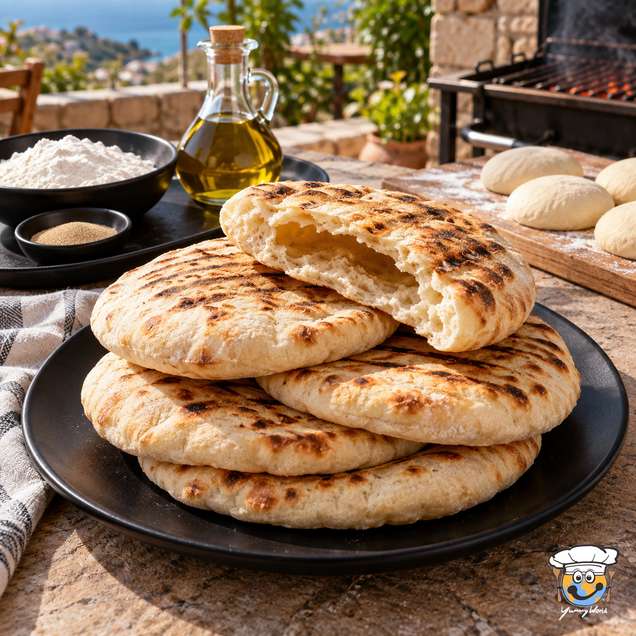 A stack of grilled pita breads with golden char marks, with one bread torn open to show its airy center.