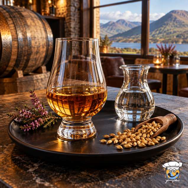 Bernsteinfarbener Highland Scotch Whisky im Verkostungsglas neben Heidekraut, Getreide und Wasser, dahinter Berge.
