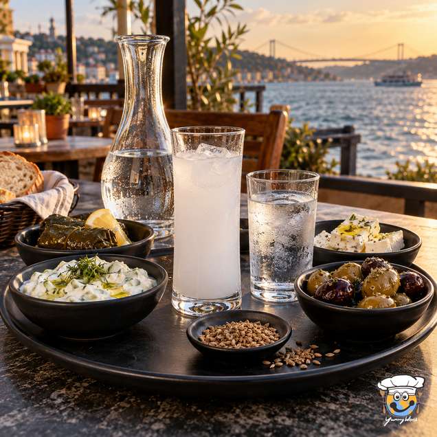 Ein hohes Glas milchig-weißer Raki mit Karaffe, Wasserglas und kleinen Meze-Tellern vor einer Meereskulisse.