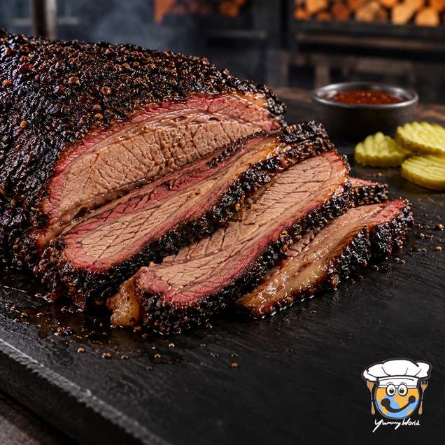 Sliced Texas-style smoked beef brisket with a dark crust and pink smoke ring on a black board.
