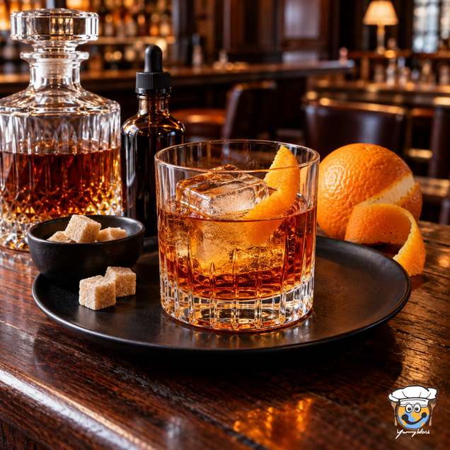 Old Fashioned mit großem Eiswürfel und Orangenschale neben einer Whiskykaraffe und Zuckerwürfeln.