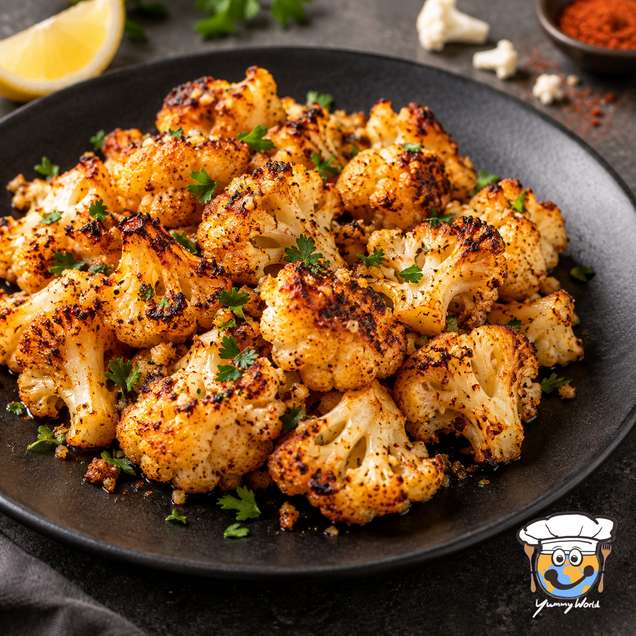 Golden roasted cauliflower florets with browned edges, seasoning and chopped green herbs.