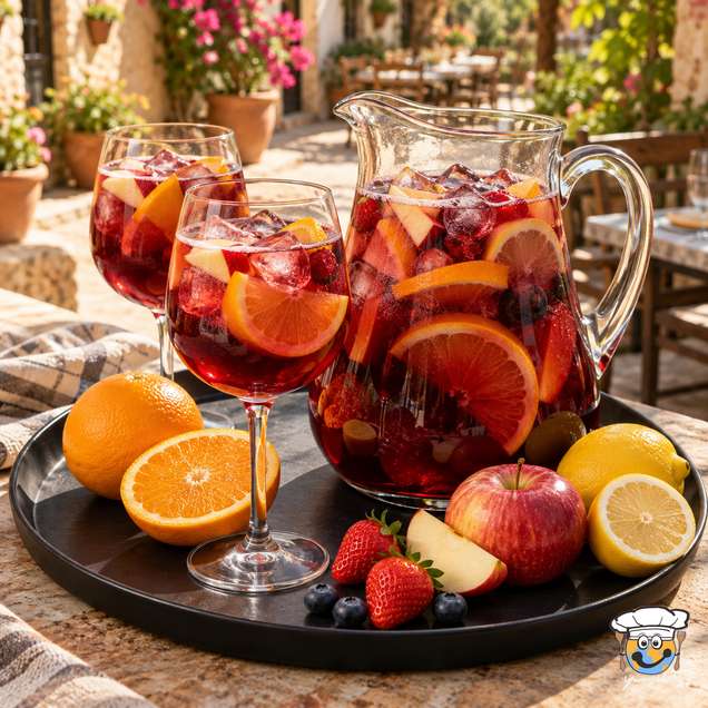 Sangria in einem Glaskrug und zwei Weingläsern mit Eis, Zitrusscheiben und geschnittenem Obst.