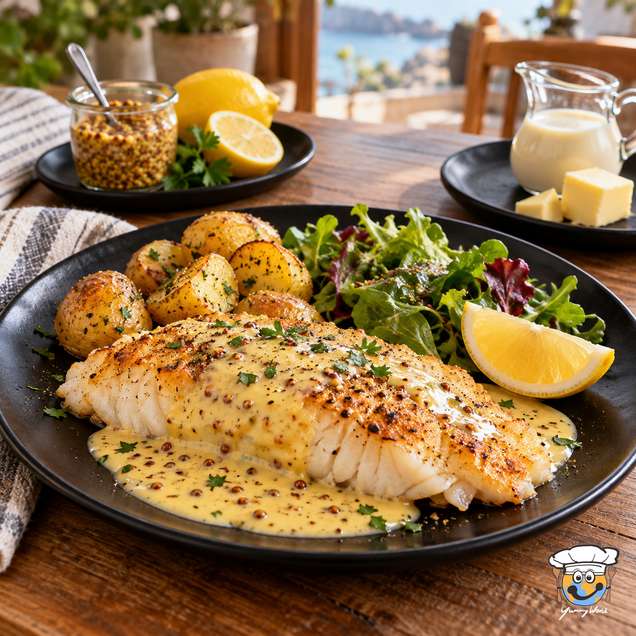 Gebackenes Fischfilet in cremiger Senfsauce mit Kartoffeln, gemischtem Salat und einer Zitronenspalte.