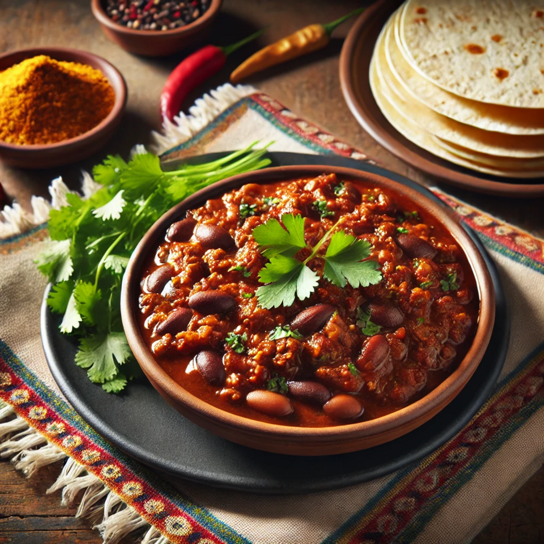 Spicy chili con carne stew with beans, ground beef, tomatoes and Mexican spices, topped with grated cheese and jalapeños