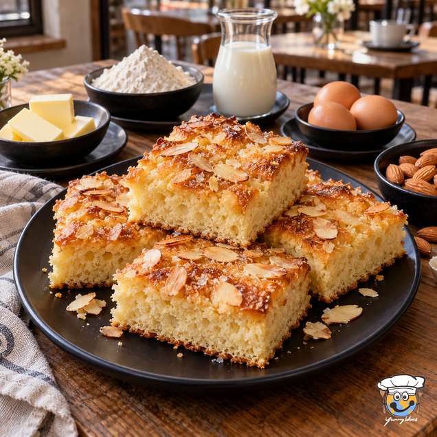 German butter cake cut into golden squares and topped with sliced almonds on a black plate.