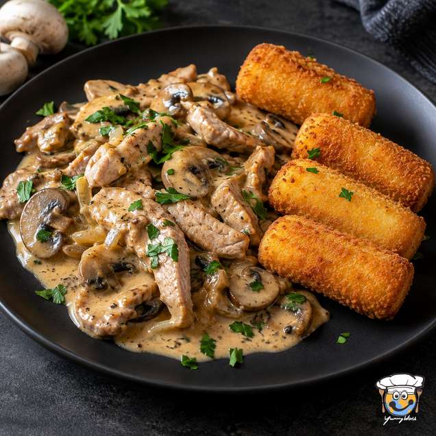 Sliced_pork_with_mushroom_cream_sauce_and_croquettes