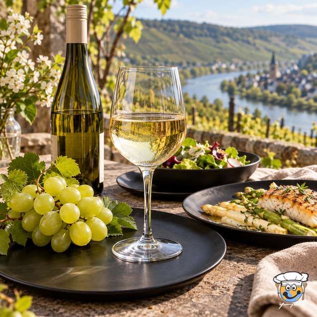 Ein Glas Rivaner-Weißwein neben einer Flasche und grünen Trauben, mit Blick auf einen Fluss und Weinberge.