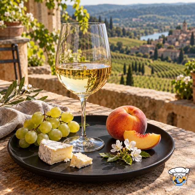 Ein Glas hellgoldener Viognier mit Trauben, Pfirsich und Käse auf einer Terrasse mit Blick auf Weinberge.