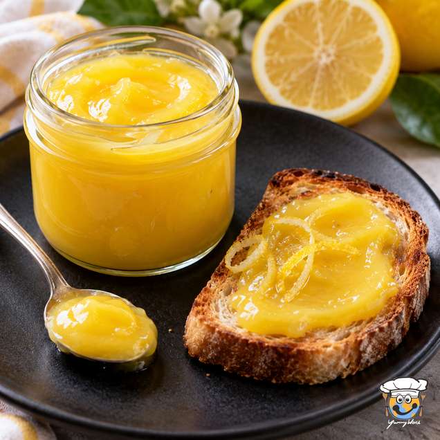 A jar of bright yellow lemon curd beside toasted bread spread with curd and topped with lemon zest.