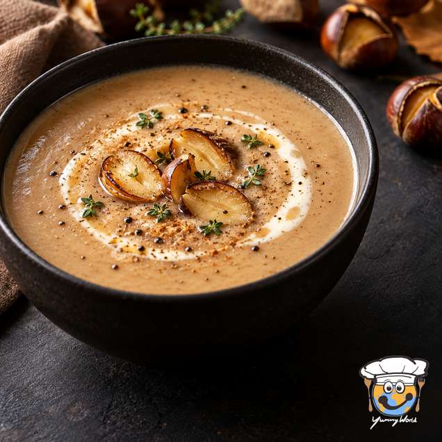 Creamy chestnut soup topped with chestnut pieces, a cream swirl, herbs and cracked pepper.