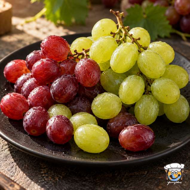 Bunches of red and green grapes with droplets on their skins, arranged on a black plate.
