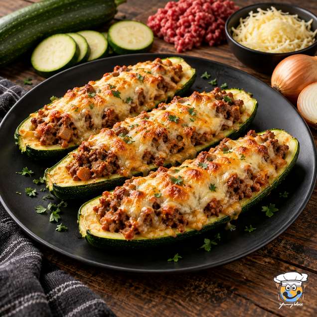 Zucchinischiffchen mit Rinderhackfleisch, goldbraunem geschmolzenem Käse und Kräutern.