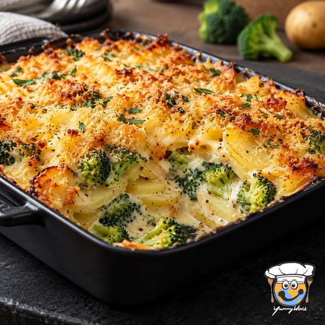 Broccoli and potato casserole with a golden cheese crust in a rectangular black baking dish.