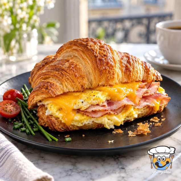 Goldenes Frühstückscroissant mit Ei, Schinken und geschmolzenem Käse auf einem schwarzen Teller.