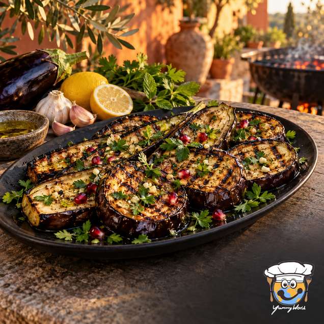 Grilled eggplant slices with dark grill marks, scattered herbs and chopped garlic on a black platter.