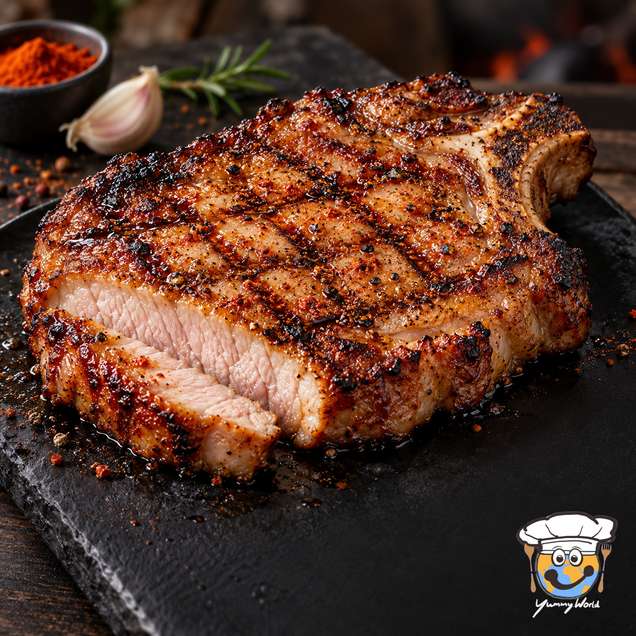Grilled pork steak with dark grill marks and a sliced edge, served on a black slate board.