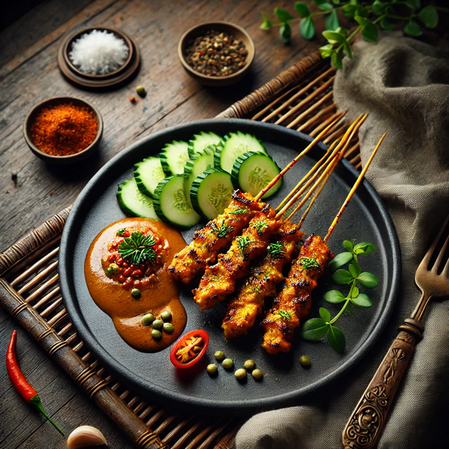 Indonesian chicken satay skewers with grilled marinated meat, served with spicy peanut sauce, rice cakes and cucumber relish