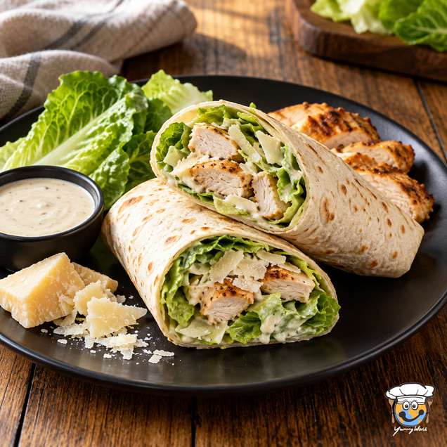 Chicken Caesar wrap cut in half to show chicken, lettuce and cheese, served beside a creamy dressing.