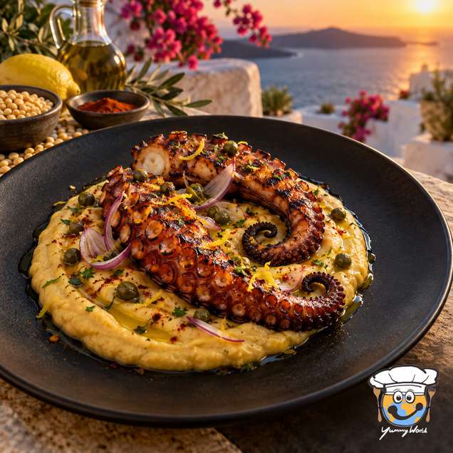Gegrillter Oktopus mit gebräunten, eingerollten Armen auf warmem goldenem Fava-Püree, garniert mit Kräutern.