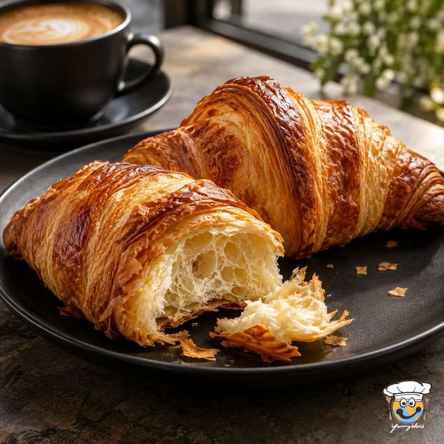 Golden flaky croissants on a black plate, one torn open to reveal the airy layers inside.