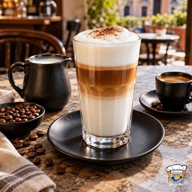 Latte macchiato mit Schichten aus Milch, Espresso und einer dicken Schaumkrone in einem hohen Glas.