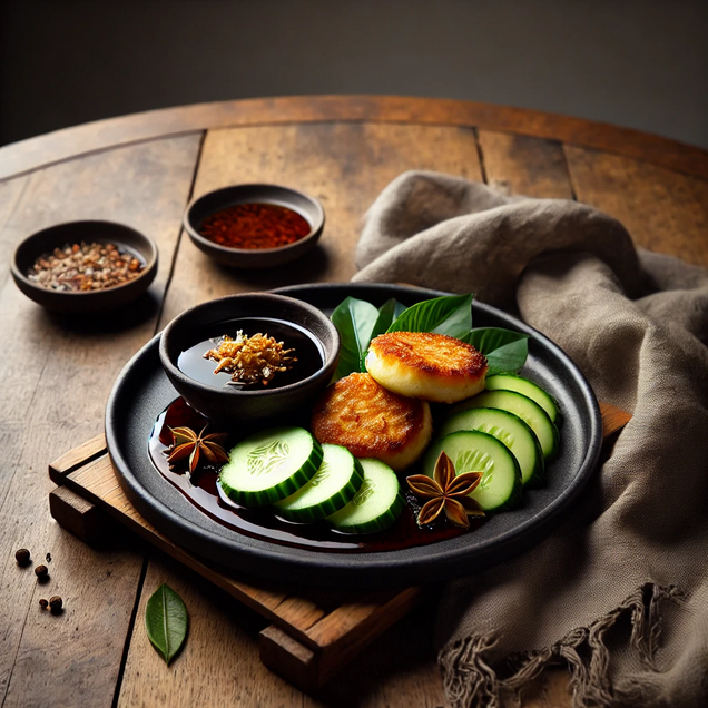 South Sumatran fish cakes made from ground fish and tapioca, served with dark vinegar sauce and yellow noodles