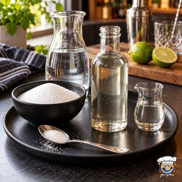 Clear simple syrup in a glass bottle beside a bowl of sugar, a spoon and a carafe of water.