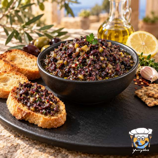 Coarse olive spread in a black bowl and on toasted bread, with olives and lemon nearby.